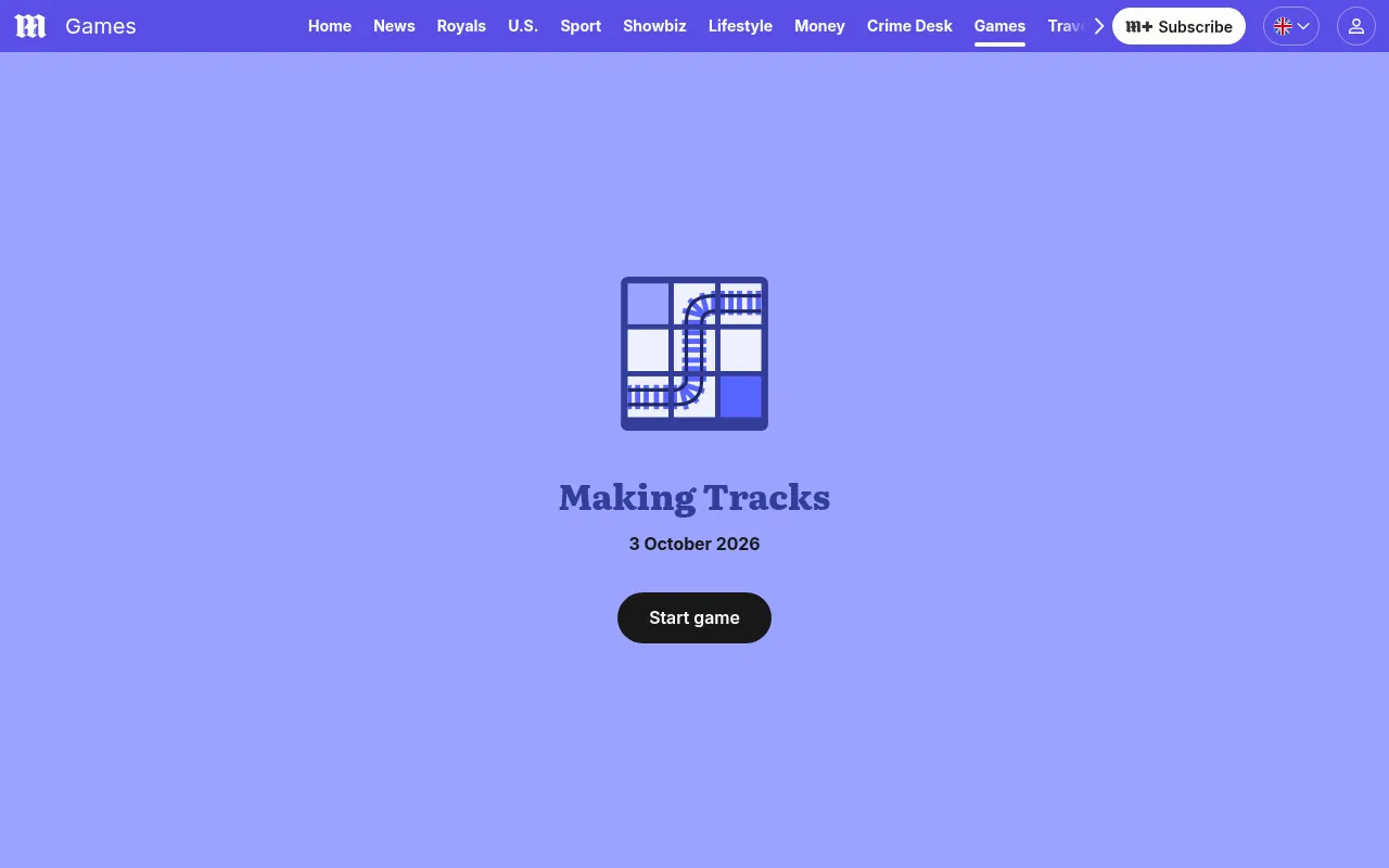 The Making Tracks start screen on the Daily Mail games page: the game's own icon and name, the date 3 October 2026 and a button to start the day's puzzle