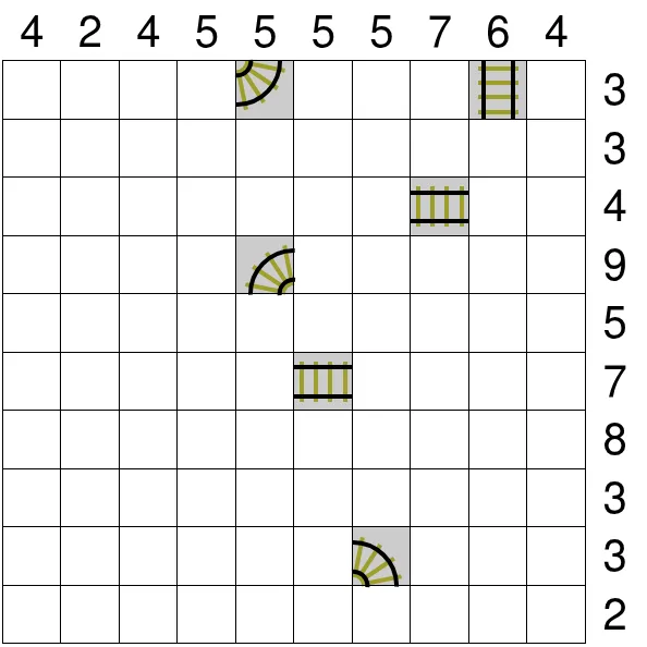 Today's medium Train Tracks grid on PuzzleMadness, a 10x10 board with six given track pieces and counts above the columns and beside the rows