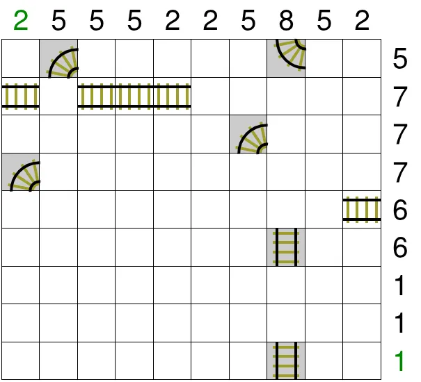 The 28 October 2026 Medium Train Tracks grid in play, a row of straight track laid and two clues turned green once their counts are met