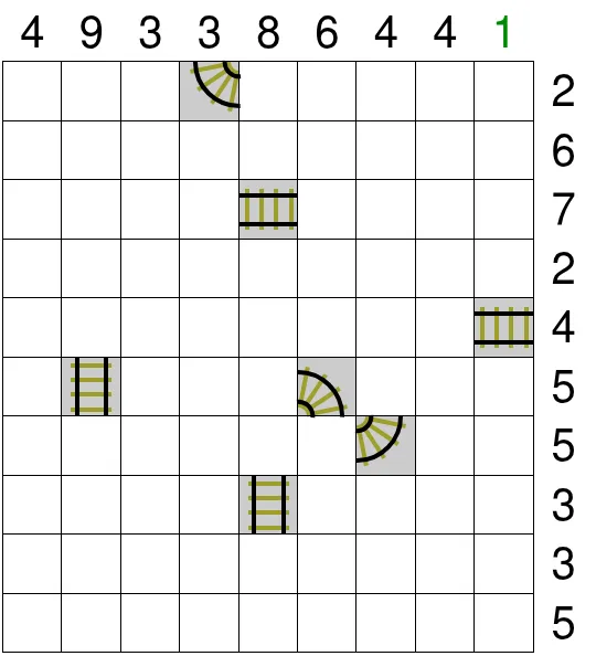 The Mixed Train Tracks grid on PuzzleMadness for 28 October 2026, a grid of its own 9 columns by 10 rows with eight given track pieces
