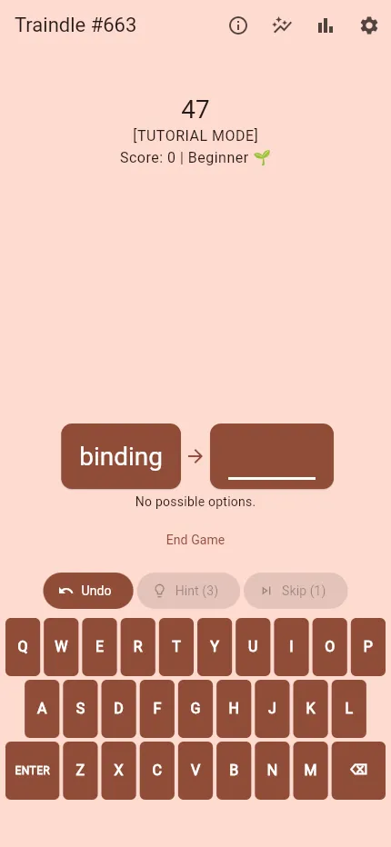 Traindle #663 on a phone: the starting word binding, the countdown and the on-screen keyboard
