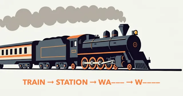 Illustrated steam train above the word chain TRAIN, STATION and two hidden words