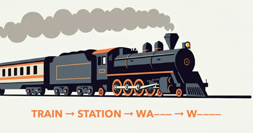 Illustrated steam train above the word chain TRAIN, STATION and two hidden words