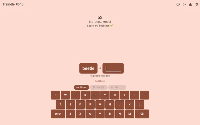 Traindle #648: the starting word beetle with an arrow to an empty box for the next word in the chain, the countdown, Undo, Hint and Skip buttons and an on-screen keyboard