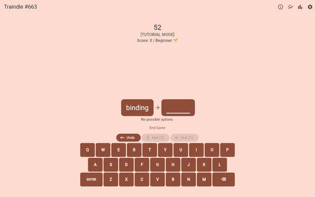 Traindle #663 on a desktop: the starting word binding with an arrow to an empty box for the next word, the 60-second countdown, Undo, Hint and Skip buttons and an on-screen keyboard