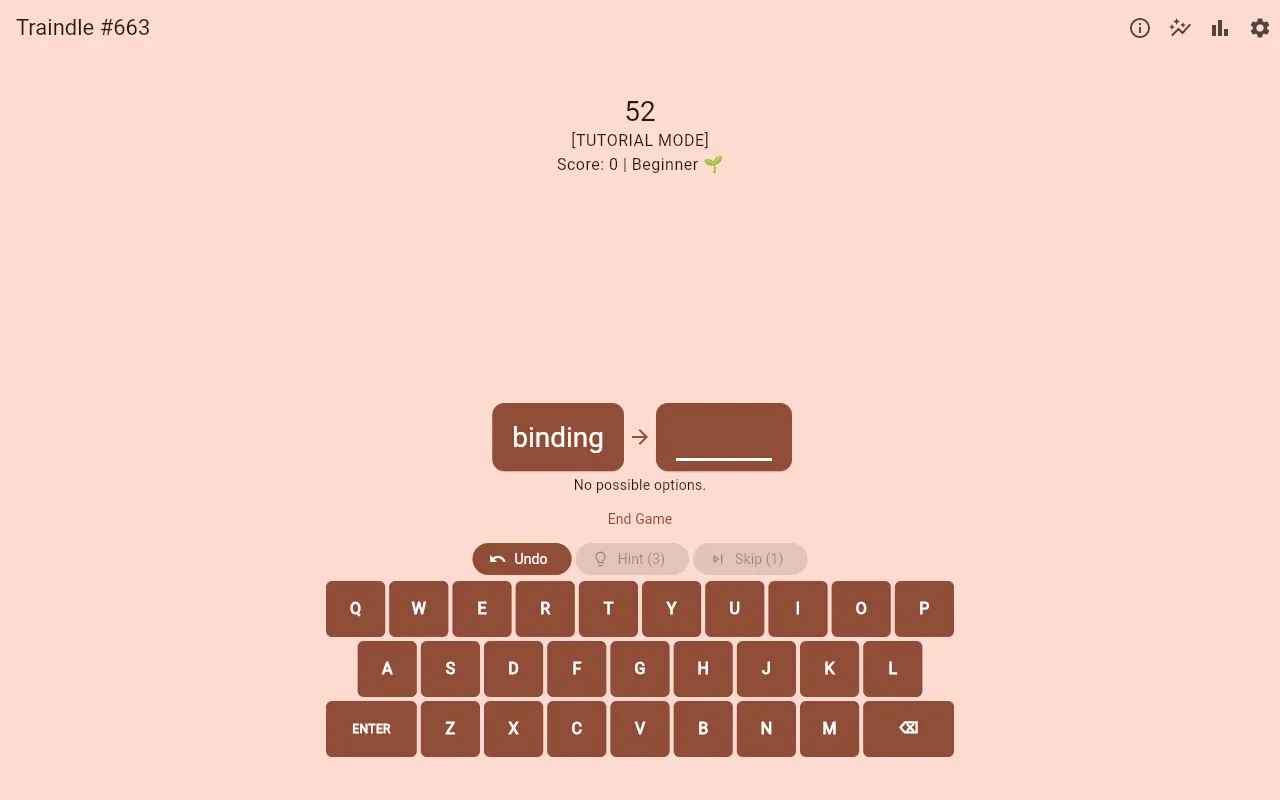Traindle #663 on a desktop: the starting word binding with an arrow to an empty box for the next word, the 60-second countdown, Undo, Hint and Skip buttons and an on-screen keyboard