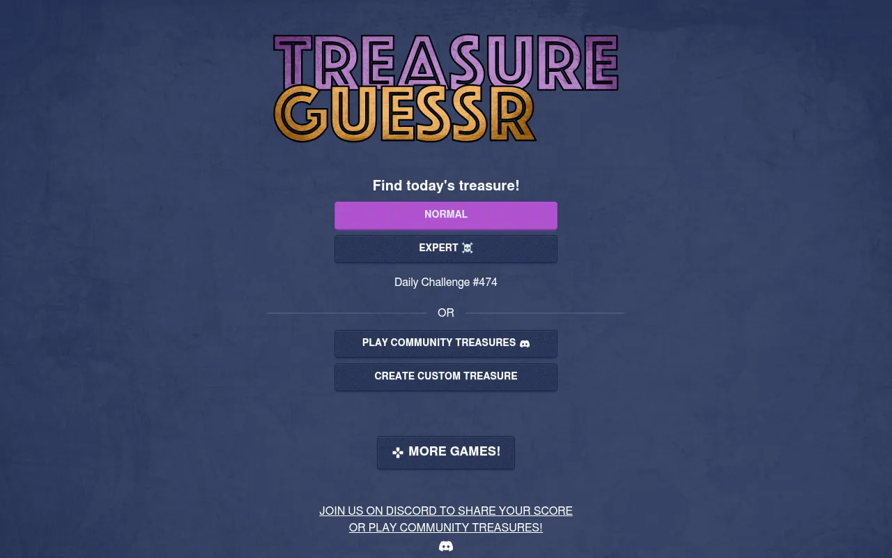Treasure Guessr's home screen: Find today's treasure, Normal and Expert buttons and Daily Challenge #474