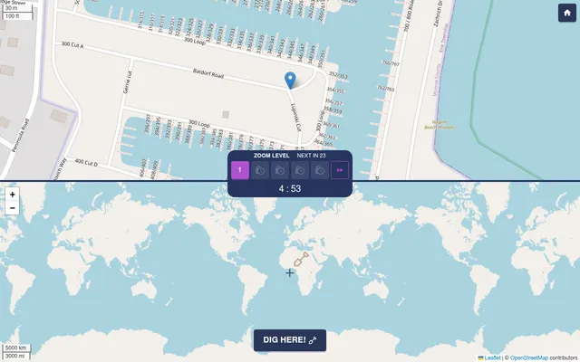 Treasure Guessr Daily Challenge #488 in play: a close-up street map of a marina with a blue pin above a world map, zoom level 1, a 4:53 timer and Dig here