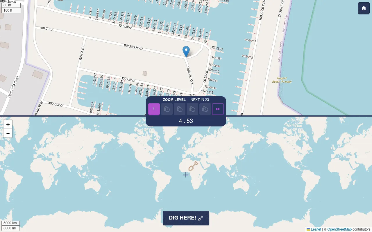 Treasure Guessr Daily Challenge #488 in play: a close-up street map of a marina with a blue pin above a world map, zoom level 1, a 4:53 timer and Dig here