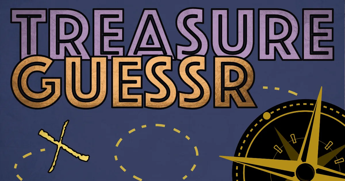 Treasure Guessr title art with an X marking the spot, a dotted path and a compass