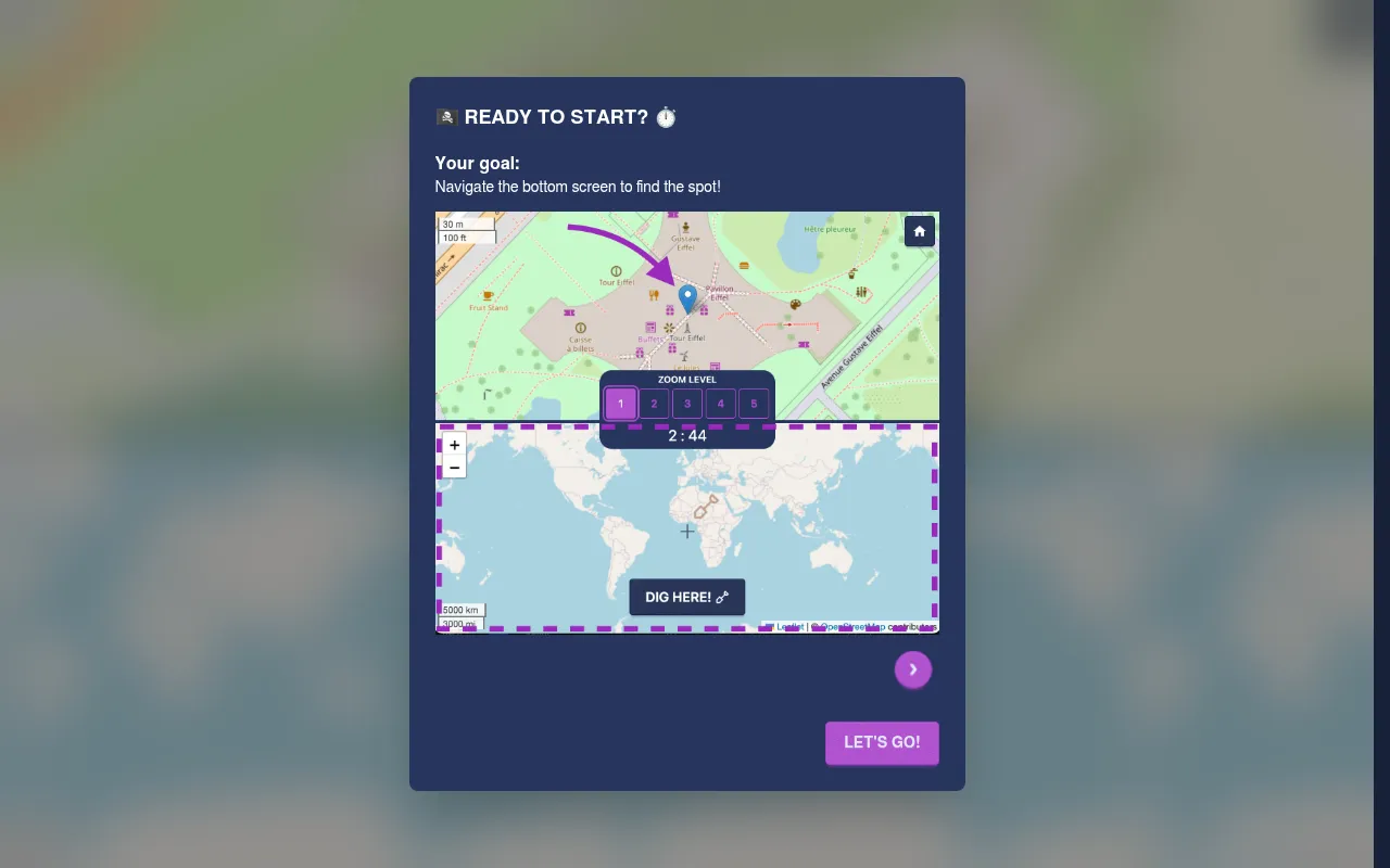 Treasure Guessr's start dialog: a close-up street map of the spot by the Eiffel Tower above a world map with a Dig here button, zoom levels 1 to 5 and a 2:44 timer