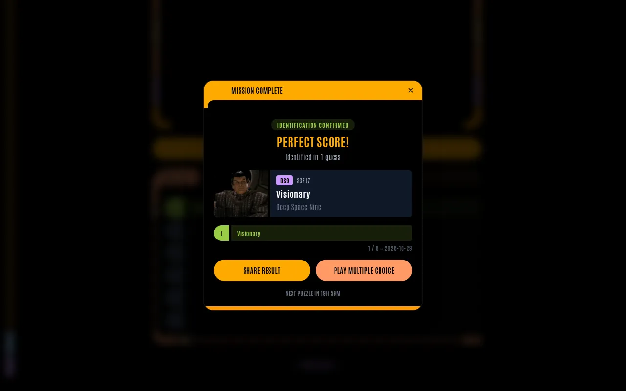 Trekdle's Mission Complete card for 29 October 2026: the Deep Space Nine episode Visionary named in one guess, with Share Result and Play Multiple Choice buttons