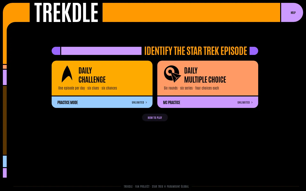 Trekdle's menu with its logo and the two daily modes, Daily Challenge and Daily Multiple Choice, in a Star Trek computer style