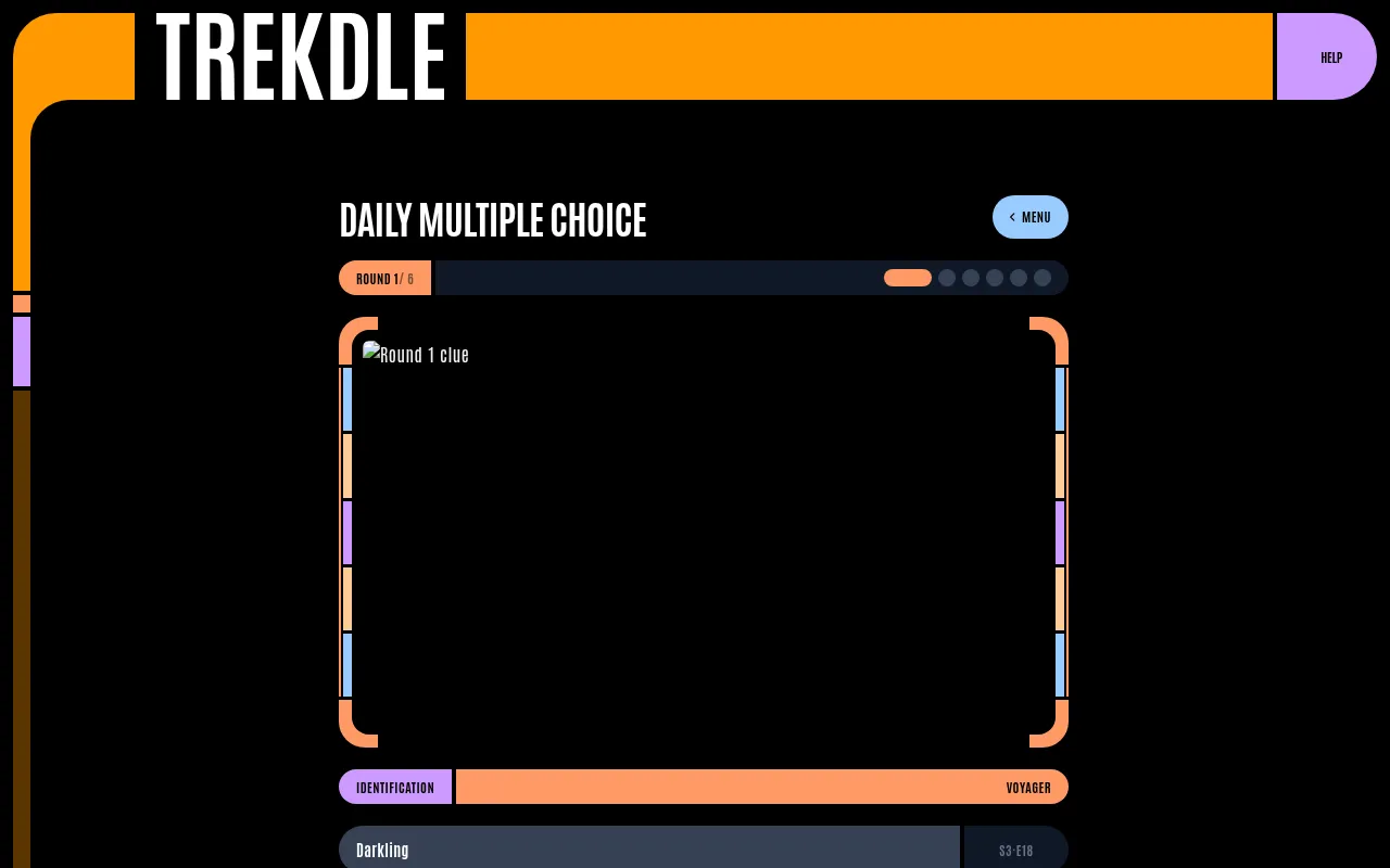 Trekdle Daily Multiple Choice round 1 of 6 with the series named and an episode title to choose