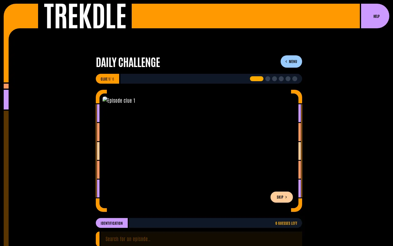 Trekdle Daily Challenge board: clue 1 of 6, the image frame, a Skip button and an episode search box with six guesses left