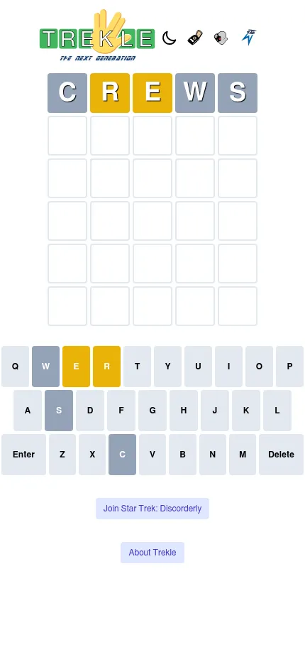 Trekle on a phone screen: one guess, CREWS, on the six-row board with the full-width keyboard below