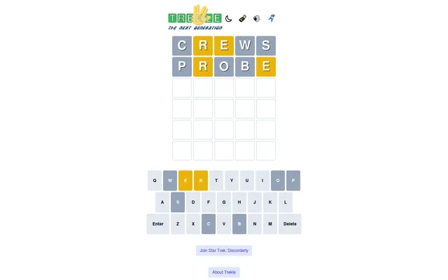 Trekle board in play on a desktop: guesses CREWS and PROBE with yellow and grey tiles under the TREKLE logo, the on-screen keyboard coloured to match