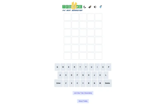 The Trekle board: the TREKLE logo with a Vulcan salute and The Next Generation subtitle above six empty rows of five tiles and an on-screen keyboard