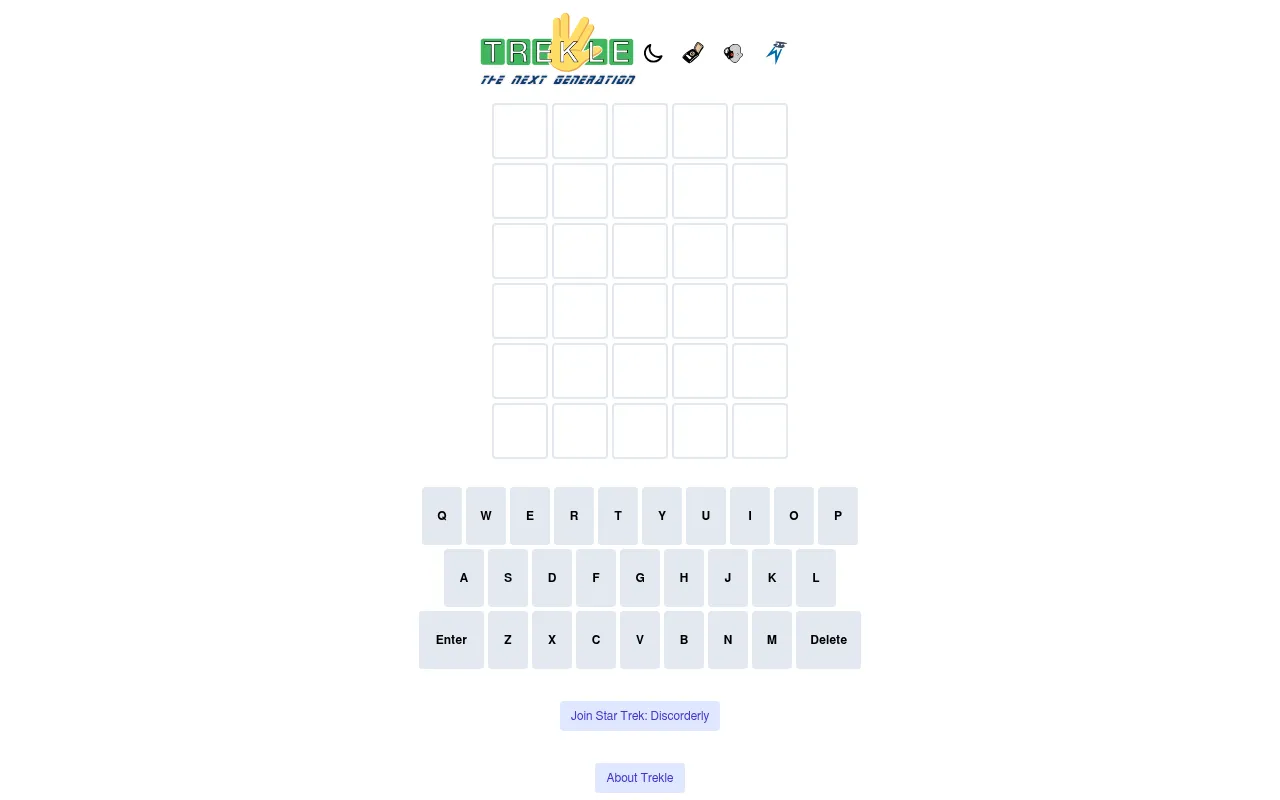 The Trekle board: the TREKLE logo with a Vulcan salute and The Next Generation subtitle above six empty rows of five tiles and an on-screen keyboard