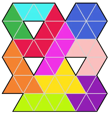 A solved example TriangleBlocks board from PuzzleMadness's rules: coloured triangle pieces covering the whole grid around three holes