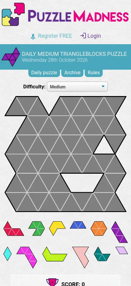 The same 28 October 2026 Medium TriangleBlocks puzzle at phone size, with the difficulty menu above the board and the pieces in two rows below