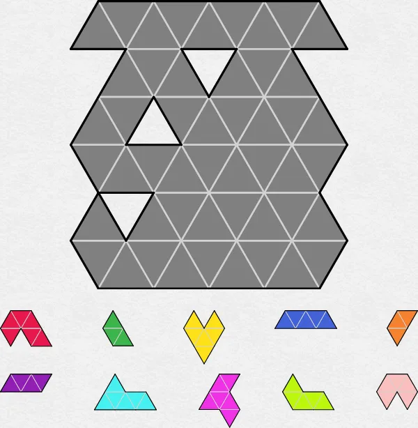 Today's Medium TriangleBlocks puzzle on PuzzleMadness for 3 October 2026: an empty grey grid of triangles with three holes and ten coloured triangle pieces below