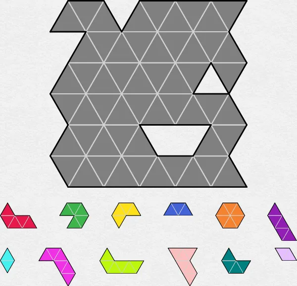 The Medium TriangleBlocks board on PuzzleMadness for 28 October 2026: an empty grey triangle grid with two holes and twelve coloured pieces below it