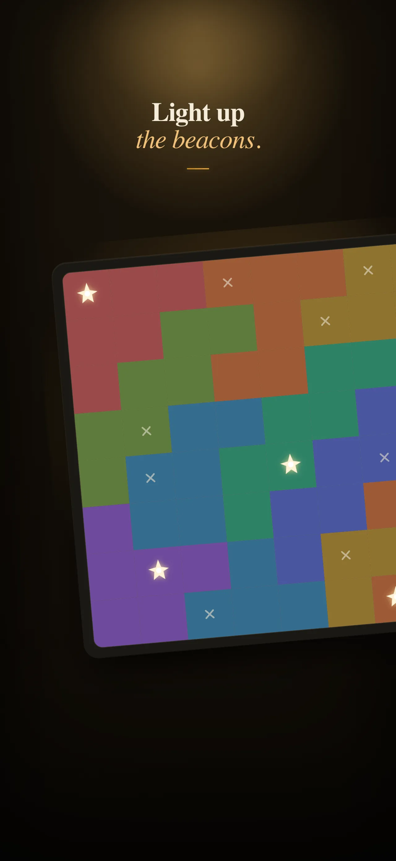 A Trifold Beacons grid: coloured regions with glowing stars placed and crossed-out cells