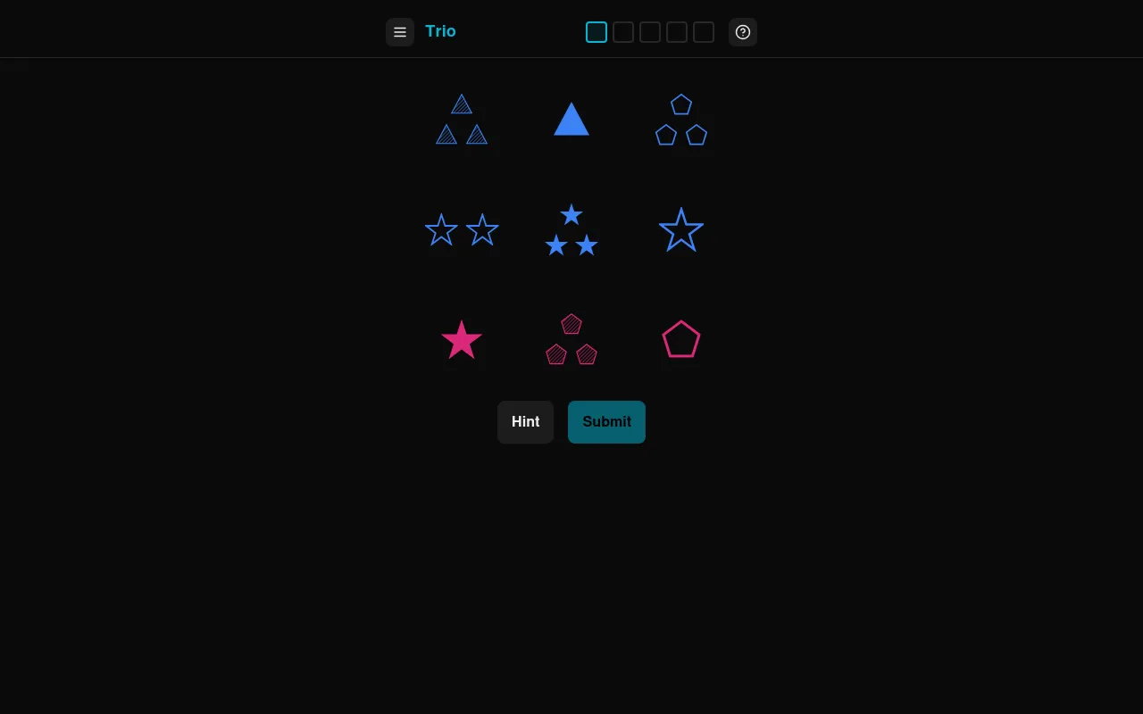Today's Trio board on 18 October 2026: nine cards of triangles, stars and pentagons in blue and pink, one to three shapes each, solid, striped or outlined, with five round boxes, Hint and Submit