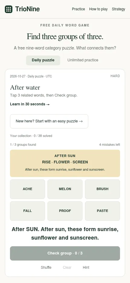TrioNine's daily puzzle for 27 October 2026 on a phone, After water: the After sun group (rise, flower, screen) solved above six word tiles