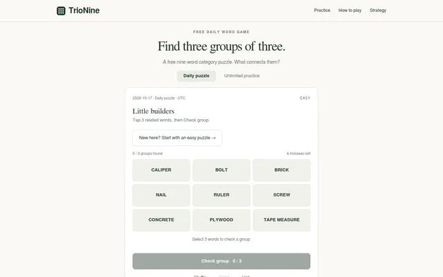 TrioNine's daily puzzle for 17 October 2026, Little builders: nine word tiles such as Brick, Ruler and Screw on a three by three board
