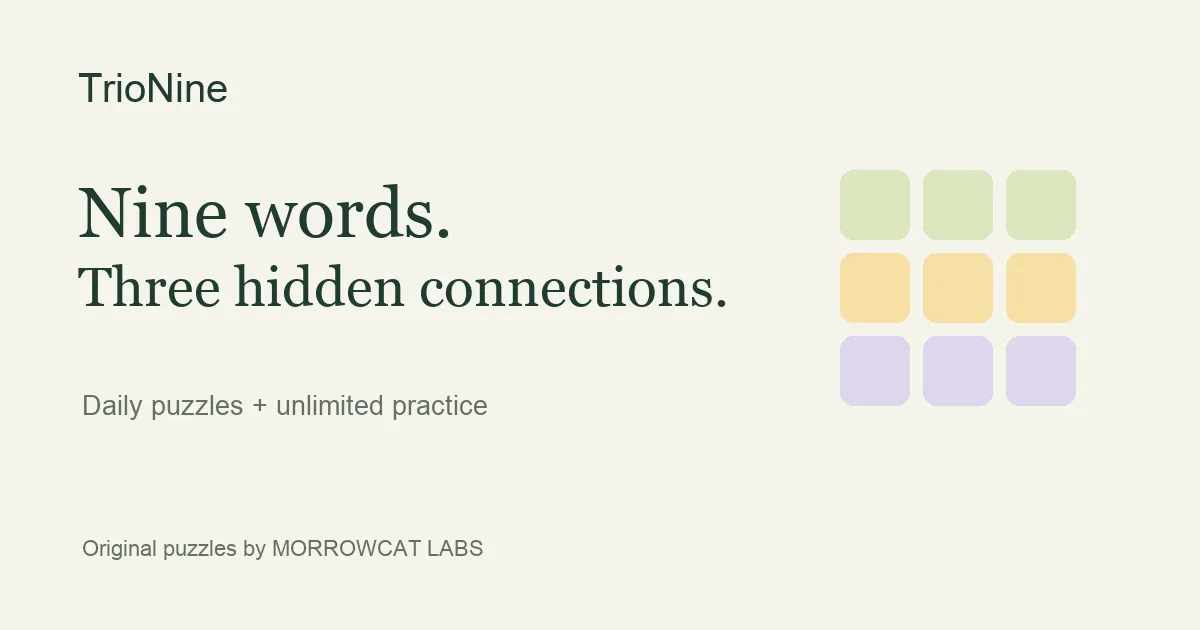 TrioNine share card: nine words, three hidden connections, beside a three by three grid in three colours