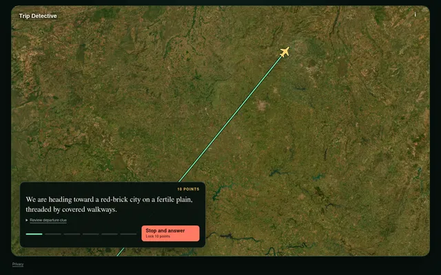 Trip Detective in flight: a plane and its route line over satellite imagery, with the first destination clue worth 10 points and the Stop and answer button