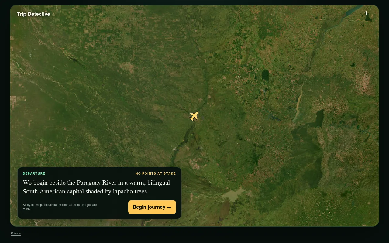 Trip Detective's departure screen: the plane on a satellite map beside a river with the departure clue and the Begin journey button