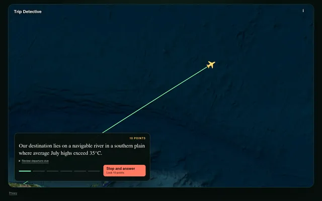 Trip Detective Daily #88 in flight: the plane's route line leaves Puerto Rico over the Atlantic, with the first destination clue worth 10 points and the Stop and answer button