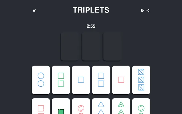 Triplets board in play: the 2:55 timer, three empty slots for the chosen cards, and rows of cards showing circles, squares and triangles in red, green and blue