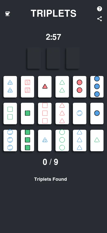 The Triplets board for 29 October 2026 on a phone: a 2:57 timer, three empty slots, eighteen cards of shapes in red, green and blue, and a 0 / 9 counter