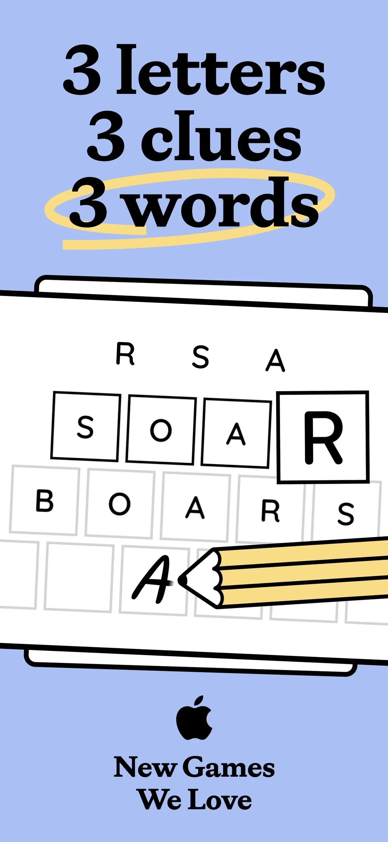 Triplit App Store art: 3 letters, 3 clues, 3 words, over a board where the starting letters R, S, A grow into words such as SOAR and BOARS, one letter added at a time