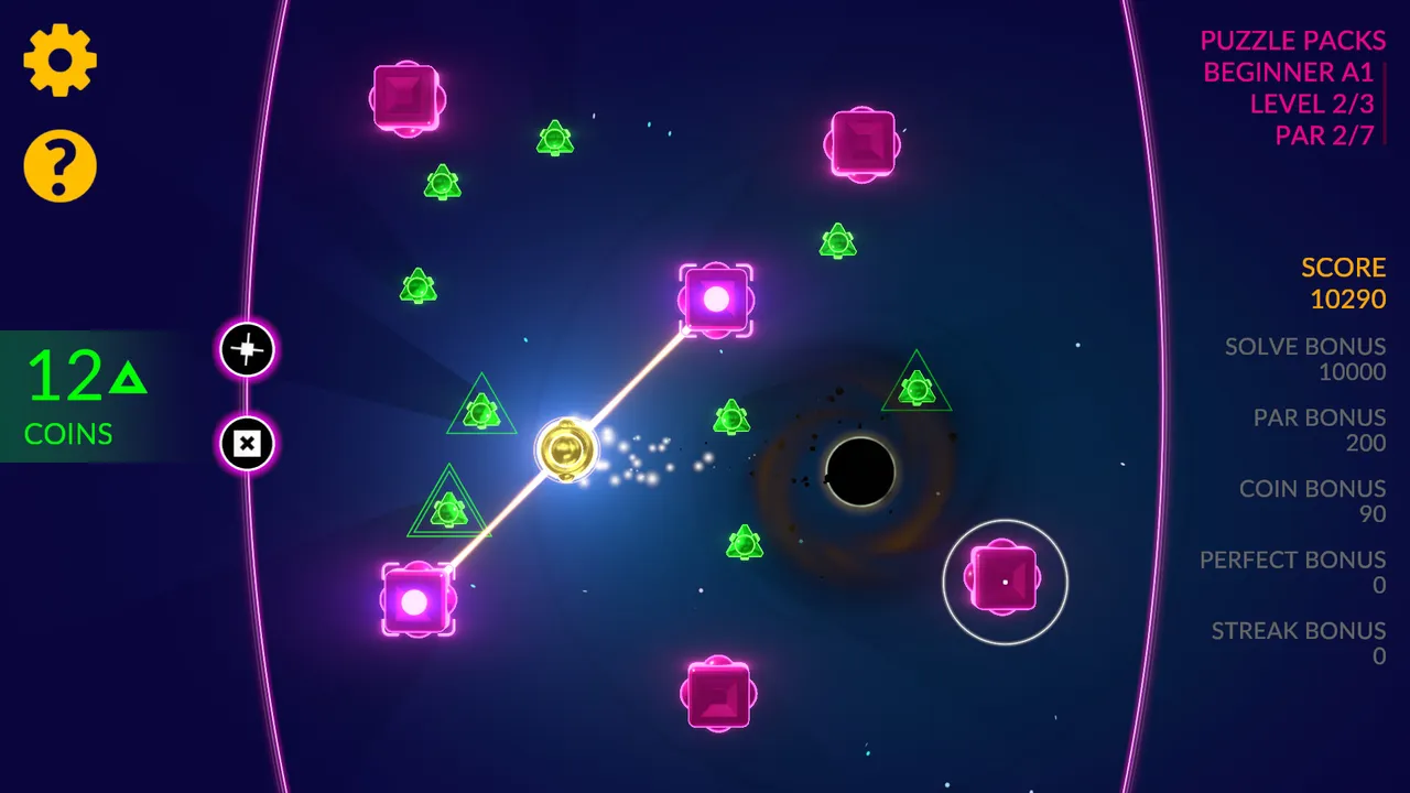 Triversal screenshot of a sun tethered to anchor points above a black hole