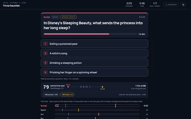 A Trivia Gauntlet question from the Script round: a Sleeping Beauty question with four answers, a twenty second timer and the run's progress against the day's leader