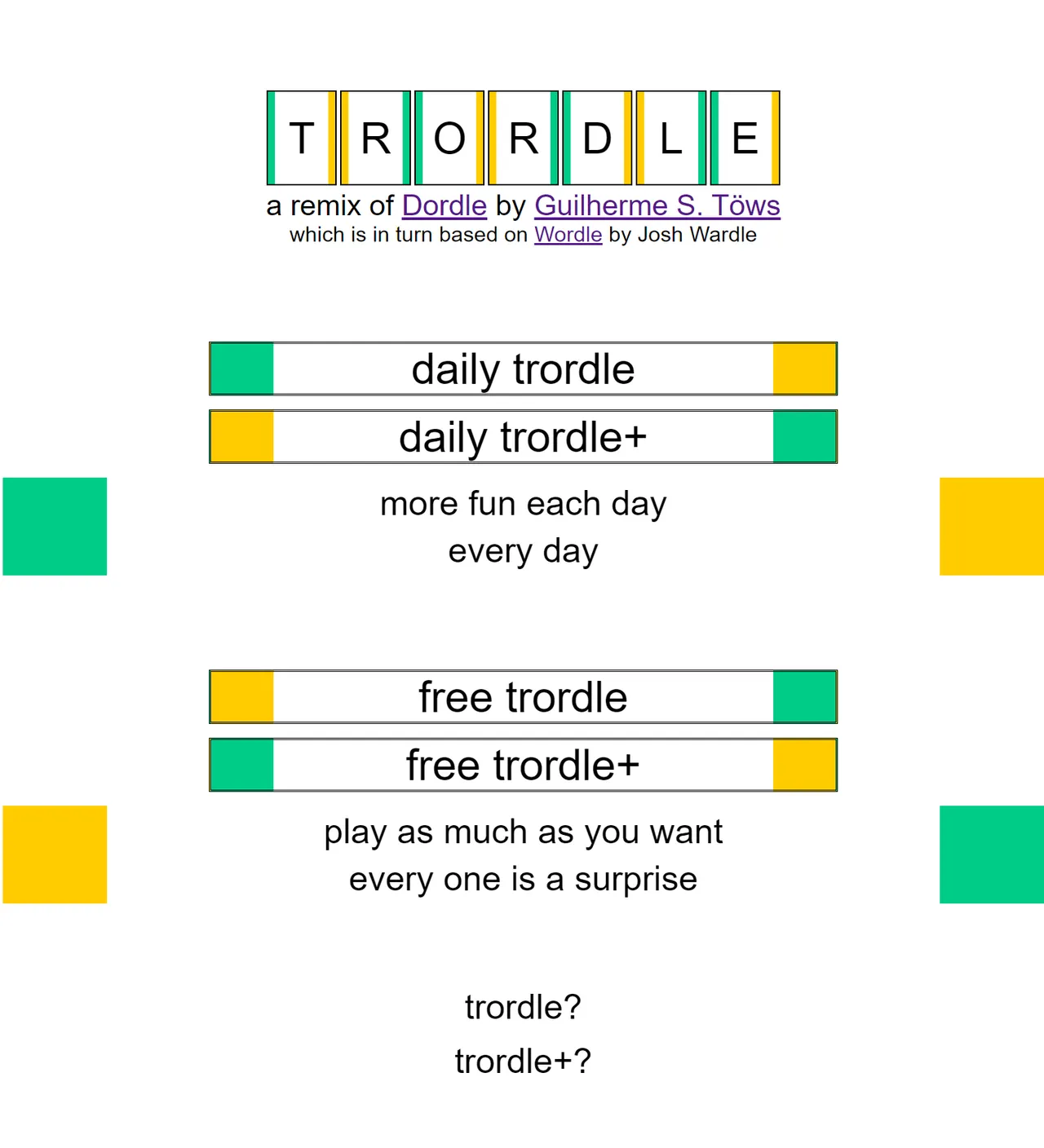 Trordle title screen with the daily trordle, daily trordle+, free trordle and free trordle+ buttons