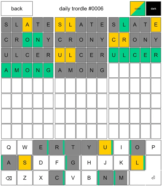 Daily Trordle #0006 in progress: three Wordle-style boards side by side, one word solved, with a keyboard whose keys are split in colour for each board