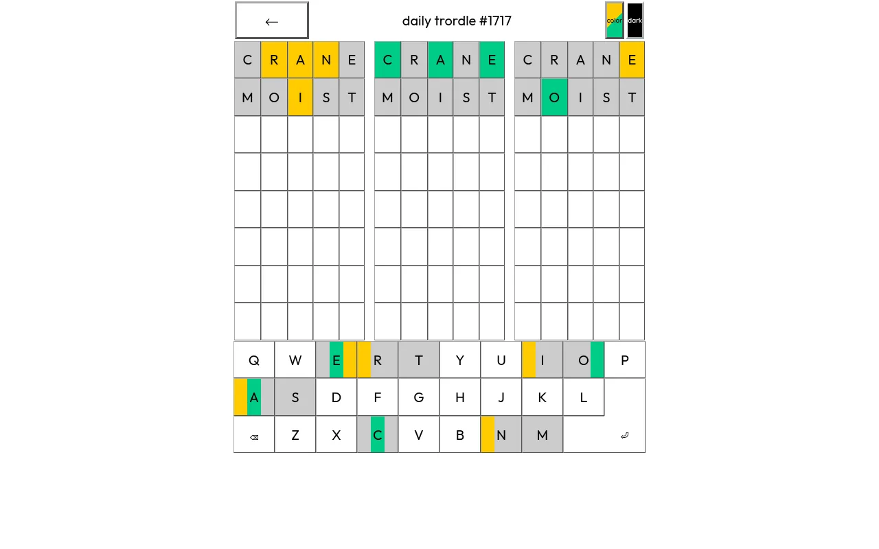 Daily Trordle #1717 after the guesses CRANE and MOIST, showing green and yellow tiles on three boards