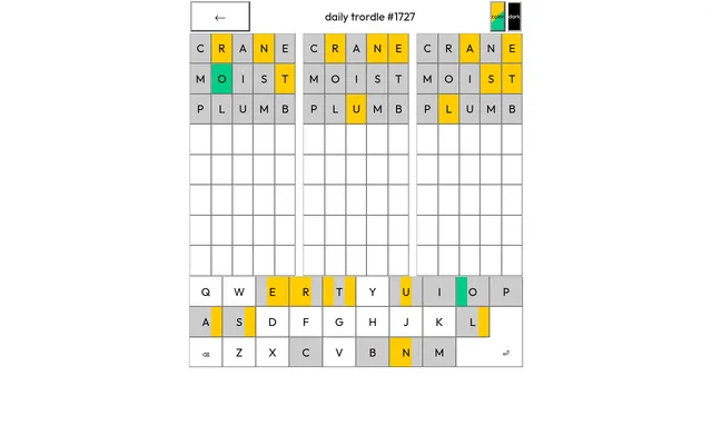 Daily Trordle #1727 on 27 October 2026 after CRANE, MOIST and PLUMB: three boards side by side with green and yellow tiles, and keys split in colour per board