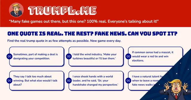 Trumpl.Me board with six quote cards under the heading One quote is real, the rest fake news