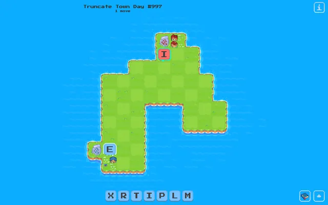 Truncate Town Day #997 board at desktop size: an island map with a blue E placed by the player's town and the computer's red I by its town, letter tiles below