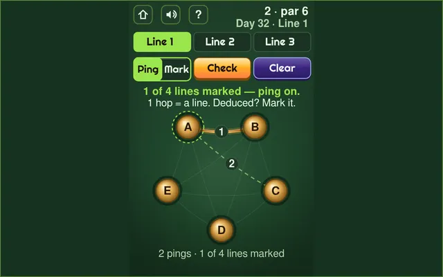Trunk Line day 32, Line 1 (par 6): stations A to E, a ping of A and B showing 1 hop drawn as a line, and A to C showing 2 hops