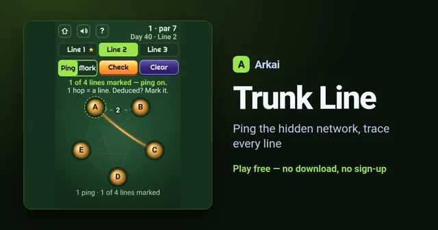 Trunk Line day 40 Line 2: five stations A to E with one marked line and a ping result of 2 hops