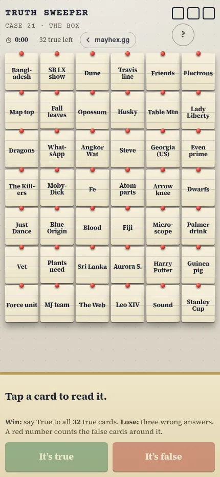 Truth Sweeper case 21 at phone size: the 42 statement cards fill the screen, with the true and false buttons in a panel below