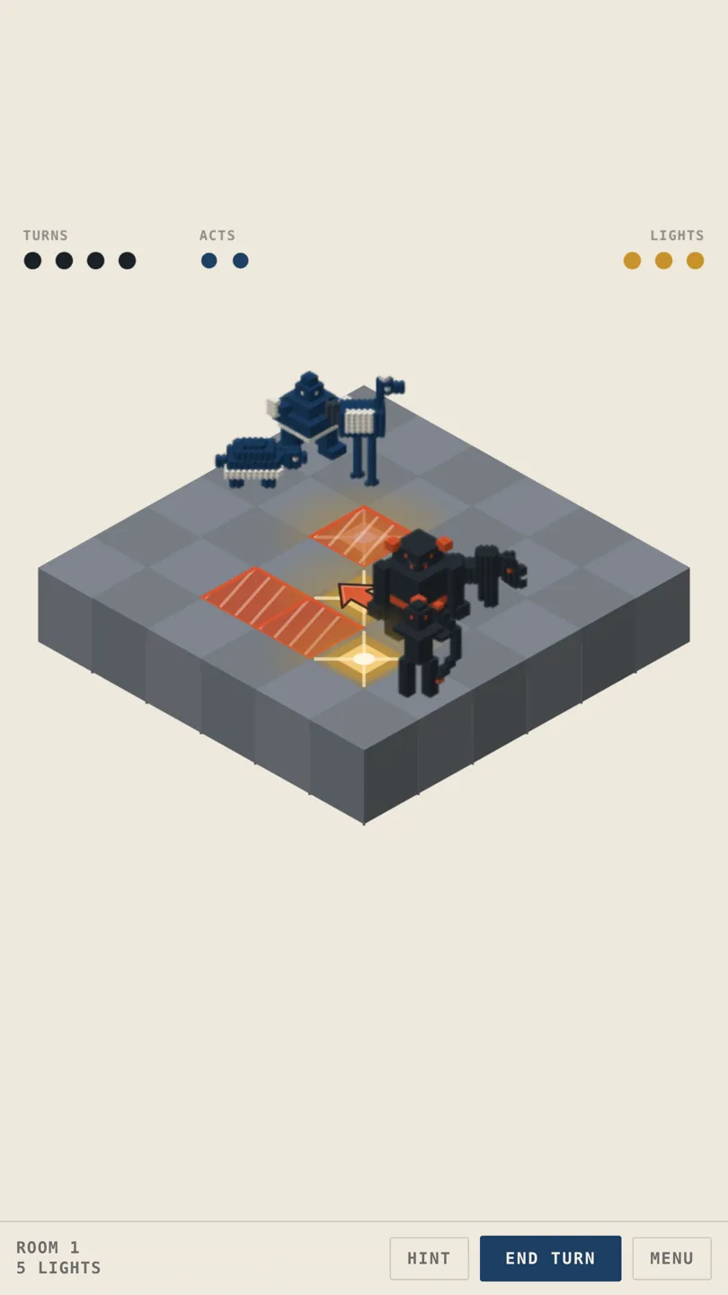 Tsume room 1 with 5 lights: three blue pieces facing two black foes, whose strikes are marked in orange on the board